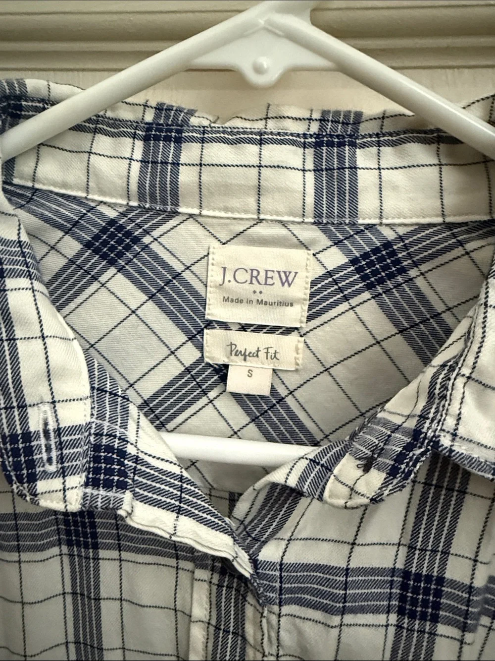 J. Crew White and Navy Plaid Casual Button-Down Shirt